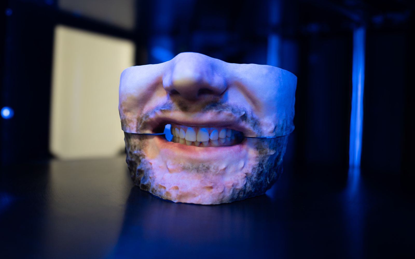 Farbig gedrucktes 3D-Modell eines Gesichtsausschnitts mit Zähnen, gefertigt im 3D-Druck